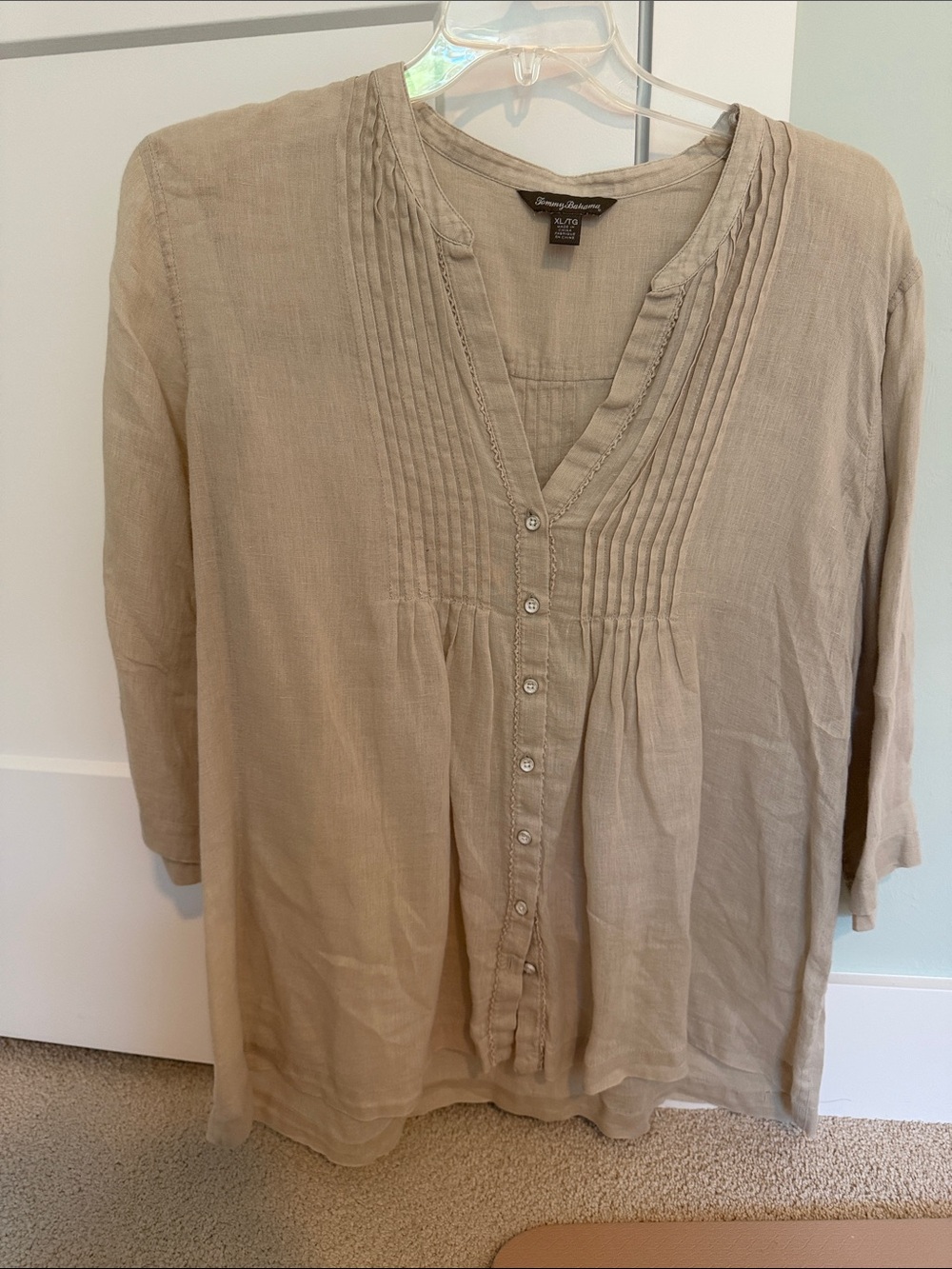 3 Tommy Bahama Linen Button Down Blouses with Ruffle Detail Aqua Coral and Tan - Picture 2 of 15